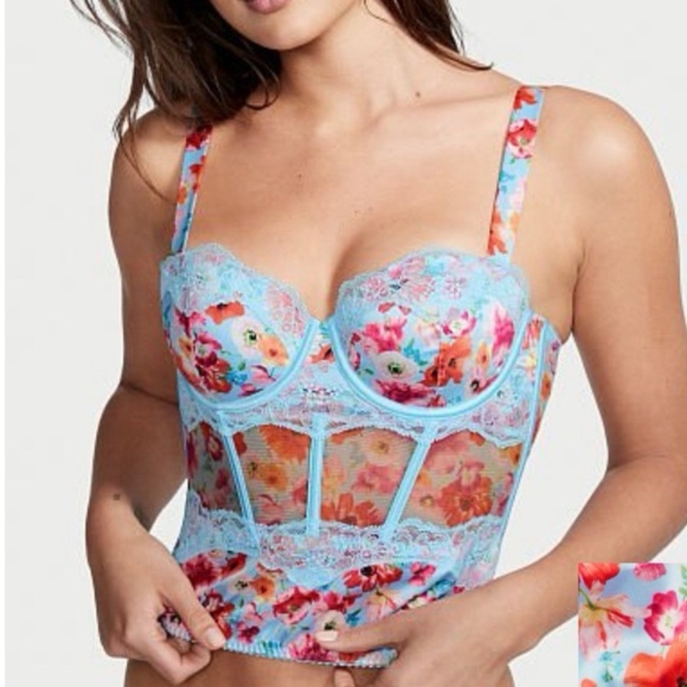 Victoria's Secret Floral Lace Bustier - Blue and Pink